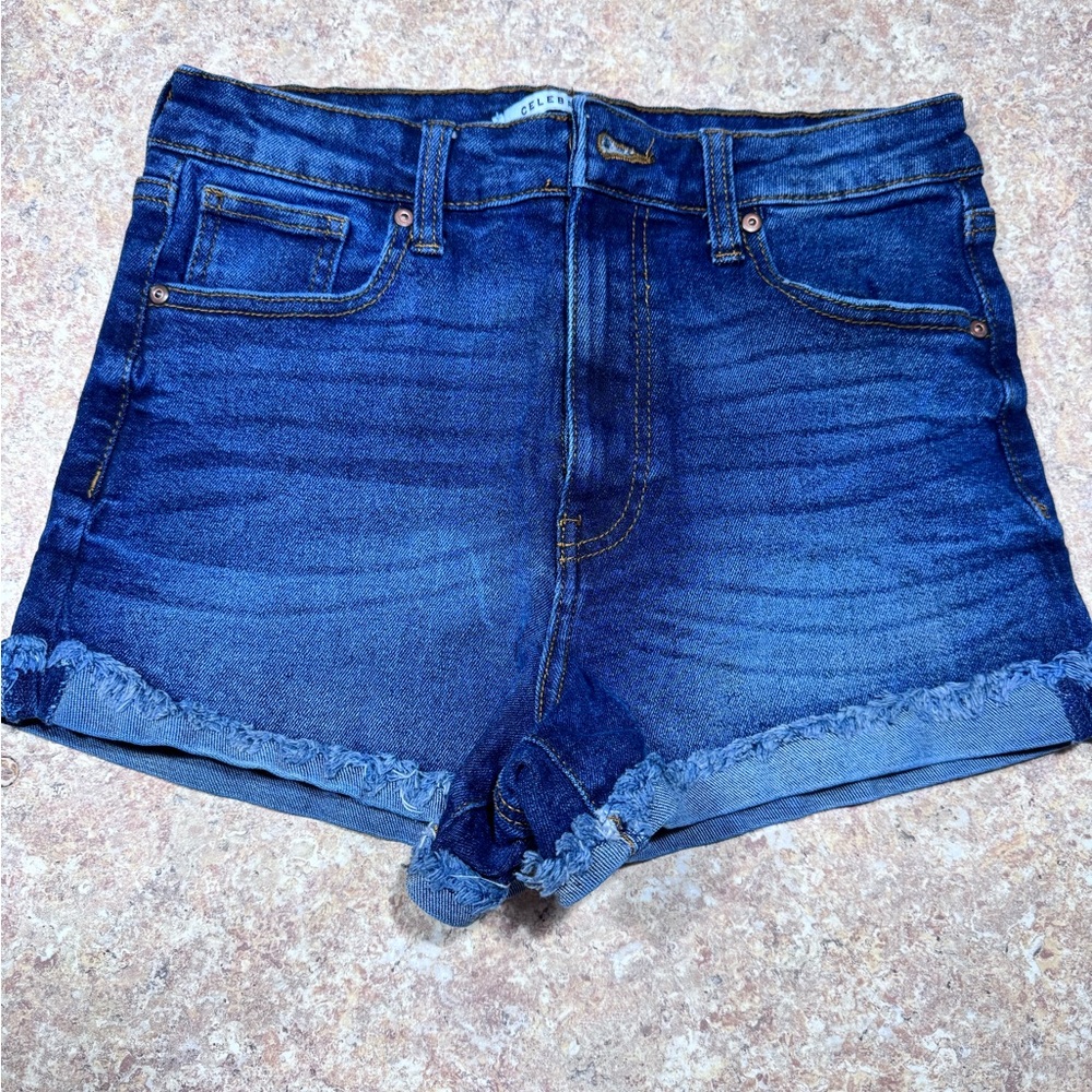 Celebrity Pink Blue Jean Shorts with Frayed Hem